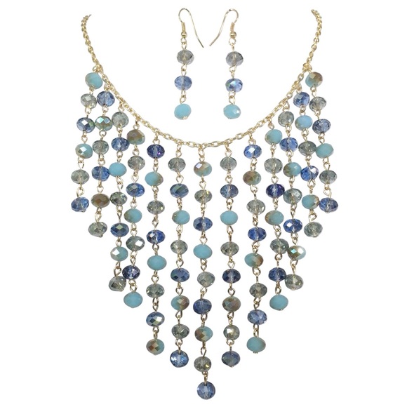 Cascading Blue Glass Beaded Necklace Earrings Set - Picture 1 of 3